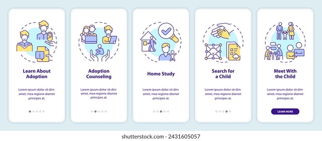 Adoption process onboarding mobile app screen. Preparation walkthrough 5 steps editable graphic instructions with linear concepts. UI, UX, GUI template