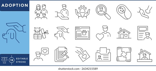 Adoption related 18 line icons. Vector editable stroke.