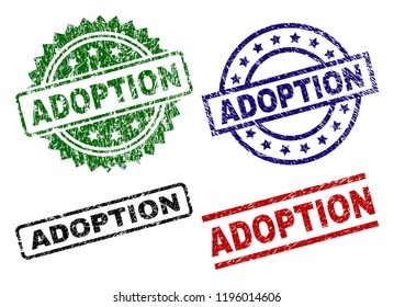 ADOPTION seal prints with corroded surface. Black, green,red,blue vector rubber prints of ADOPTION tag with unclean surface. Rubber seals with circle, rectangle, rosette shapes.