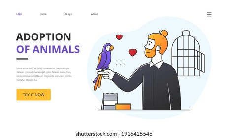 Adoption of shelter animals concept with modern young man with parrot on his arm and text in a website template with copyspace, colored vector illustration. Website, web page, landing page template