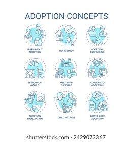 Adoption soft blue concept icons. Legal process steps. Becoming parents. How to adopt child. Parental right transfer. Icon pack. Vector images. Round shape illustrations. Abstract idea