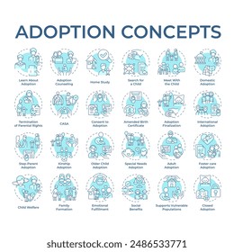 Adoption soft blue concept icons. Family formation. Step parents. Adopted child. Legal process. Parental rights. Foster care. Icon pack. Vector images. Round shape illustrations. Abstract idea