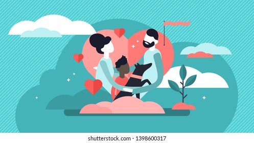 Adoption vector illustration. Flat tiny custody parenting person concept. Abstract adult guardianship process to support pet or kids. Adult solidarity and responsibility biological relationship system