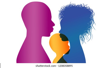 Adoption. Young African or African-American parents adopt an African or African American child. Vector color profile silhouette