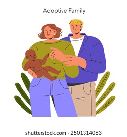 Adoptive Family concept. Illustration of a diverse couple lovingly holding a baby, representing adoption joy. Warm embrace and familial bonds. Vector illustration.