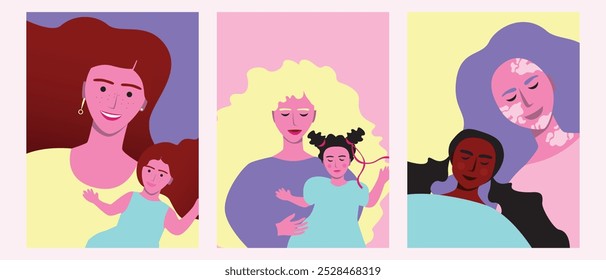 Adoptive mothers with adopted children as a concept of childhood and motherhood, people different ethnic group, flat vector stock illustration as a set