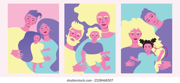 Padres adoptivos con niños adoptados, ilustración de stock de Vector plano como conjunto