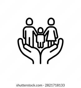 Adoptive parents, custody, child adoption thin line icon, family with child in human hands. Social protection and life insurance. Vector illustration.