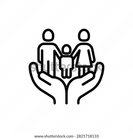 Adoptive parents, custody, child adoption thin line icon, family with child in human hands. Social protection and life insurance. Vector illustration.