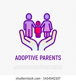 Adoptive parents thin line icon: family with child in human hands. Symbol of family protection and safety. Modern vector illustration for custody.