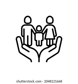 Icono de línea delgada de padres adoptivos, familia con niño en manos humanas. Símbolo de protección y seguridad familiar. Ilustración vectorial moderna para la custodia.