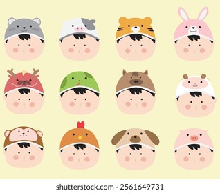 Adorable 12 Chinese Zodiac Animals with Kids' Faces  Vector Art