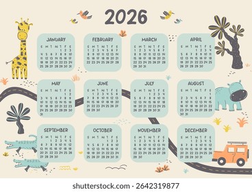 Adorável calendário anual de uma página 2026 em inglês. Mapa de safári ilustrado com flora africana e animais em estilo plano. Desejo de quartos para crianças. A semana começa domingo. Formato de vetor.