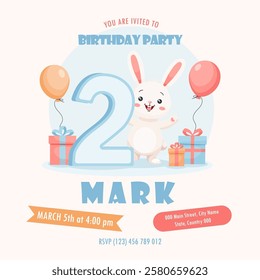 Adorable 2nd birthday party invitation featuring a cheerful bunny, balloons, and gift boxes in a soft pastel color palette. Perfect for children's celebrations, baby showers, and printable party invit