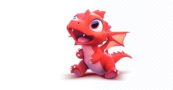 Adorable 3D Cartoon Baby Dragon With A Playful Expression On A White Background. Young Dragon With A Redcolor Scheme. Vector Illustration