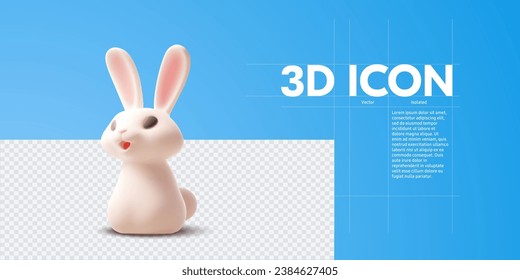 Adorable 3D Cartoon Bunny Icon with a Cute Expression on a Blue Background Vector Illustration for Design.  Animal characters isolated on blue background.