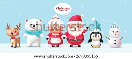 Adorable 3D Christmas character set featuring Santa Claus, Mrs. Claus, reindeer, polar bear, penguin, and snowman. Cute festive illustration for holiday cards, posters, invitations, and banners.