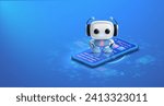 Adorable 3D Robot Character Interacting with Advanced Technology Smartphone Interface. Chat AI technology. customer service landing. Cartoon cyber character. Vector illustration