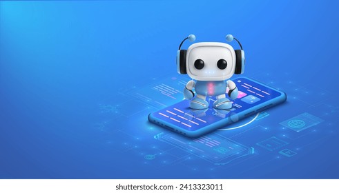 Caracteres Robot 3D Adorables que interactúan con la interfaz de Smartphone de la tecnología avanzada. Tecnología de chat AI. aterrizaje de servicio al cliente. Caricatura ciberpersonaje. Ilustración del vector