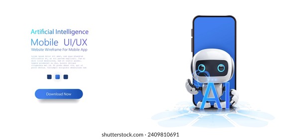 Adorable 3D Robot Mascot with AI Lettering Presenting Modern Smartphone Technology Concept. Neural network of a digital brain, AI server and robot technology, synthetic bot intelligence. Vector