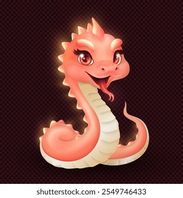 Adorable 3D snake with glowing coral-pink scales, cheerful expression, large sparkling eyes, subtle golden aura, celebrating 2025 Lunar Year of the Snake in a vibrant, festive, and playful design.