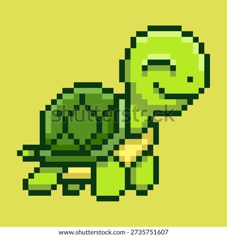 An adorable 8-bit pixel art turtle character with a cheerful expression. This cute green animal features a classic shell design and a friendly wink
