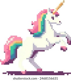 An adorable 8-bit pixel art unicorn with a colorful rainbow mane, crafted in a classic retro game style, presented as a charming vector icon isolated without background.