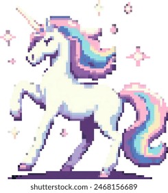 An adorable 8-bit pixel art unicorn with a colorful rainbow mane, crafted in a classic retro game style, presented as a charming vector icon isolated without background.