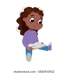 Adorable African American Girl Sitting On Floor And Reading Book, Preschooler Kid Or Elementary School Student Enjoying Literature Cartoon Style Vector Illustration