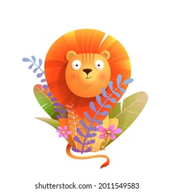 Adorable African baby lion with flowers and leaves decoration. Cartoon watercolor style lion for children, adorable animal mascot. Isolated clipart for sticker, baby shower and kids design.