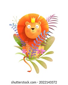 Adorable African Baby Lion King With Flowers And Leaves Decoration. Cartoon Watercolor Style Lion For Children, Adorable Animal Mascot. Isolated Clipart For Sticker, Baby Shower And Kids Design.