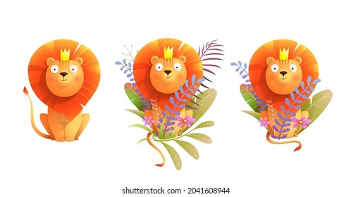 Adorable African baby lion king in nature clip art collection. Cartoon watercolor style lion for children, adorable animal mascot. Isolated clipart for sticker, baby shower and kids design.