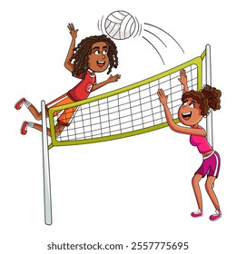 Adorable African children playing volleyball outdoors, engaging in teamwork and fun, cartoon-style sports illustration for kids