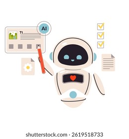 An adorable AI robot creates and edits texts, fills templates, and assists in writing various types of content. Flat vector illustration