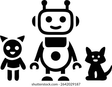 Adorable ai robot silhouette joyfully playing with various pet animals vector design