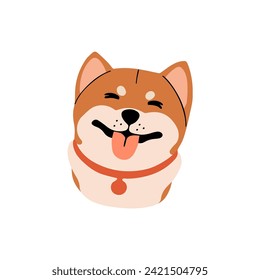 Adorable Akita Inu pup avatar. Cute puppy of Shiba shows tongue. Happy muzzle of fluffy doggy. Funny dog face, amusing snout of canine pet. Flat isolated vector illustration on white background