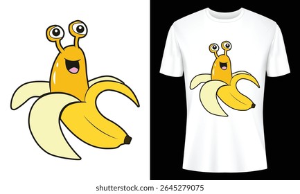 Adorável personagem alienígena olhando de uma casca de banana. Design peculiar perfeito para camisetas, roupas infantis e mercadorias divertidas.
