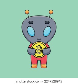Adorable alien holds a shiny bitcoin in its hand, gazing curiously at the future of currency. Who knows what new worlds it will unlock! svg