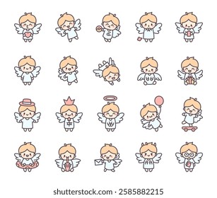 Adorable angel little character set with cute wings, expressing emotions in various poses, holding magical wand, heart, gift, and enjoying activities such as reading, skateboarding