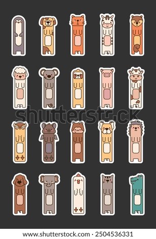 Adorable animal bookmarks. Sticker. Funny cartoon characters for school textbooks. Hand drawn style. Vector drawing. Collection of design elements.