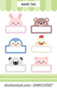 Adorable Animal Character Name Tag Sticker Vector Illustration