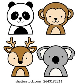 Adorable Animal Character Set in Cartoon Style Featuring Panda, Monkey, Deer, and Koala
