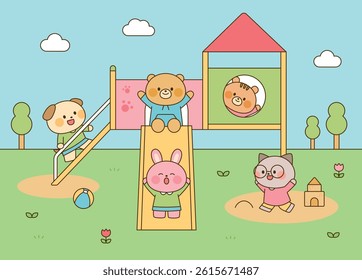Adorable animal characters playing on a playground slide and sandbox under a sunny sky. Cute cartoon style for children’s content.