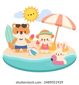 Adorable Animal Friends Enjoying a Summer Beach Day.Cute Animals Having Fun at the Beach.Cartoon Animals on a Sunny Beach Vacation.