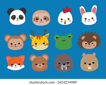 Adorable Animal Head Icons Set – Panda, Bunny, Sloth, Fox, Otter, and More in Cute Style