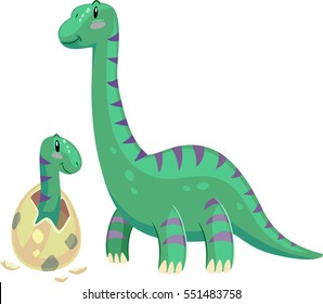 Adorable Animal Illustration Featuring a Brontosaurus Mom Looking Affectionately at its Hatching Baby