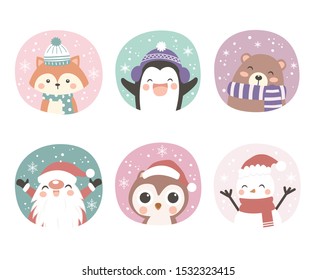 adorable animal illustration in set of six for christmas decoration