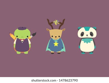 Adorable Animal Mascot Superheroes Set Bundle - Panda, Turtle, Deer