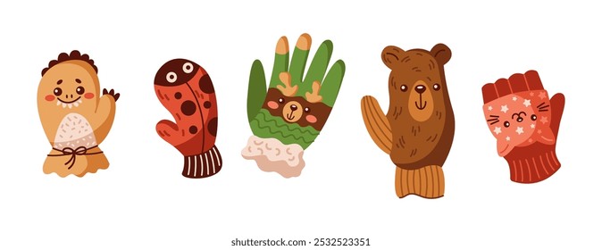 Adorable animal shaped knitted mittens flat color vector objects set. Bear reindeer cat ladybug and monster designs illustrations pack on white