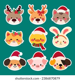Adorable animals collection for christmas decoration.Set of Cute Christmas Animal Faces.